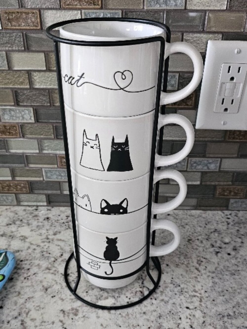 4 Ceramic Coffee Cup Mug Cups Mugs Cat Cats Kitty Kitties Black White